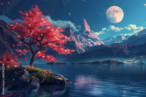 fantasy mountain lake landscape with full moon in the sky and japanese maple tree in the foreground