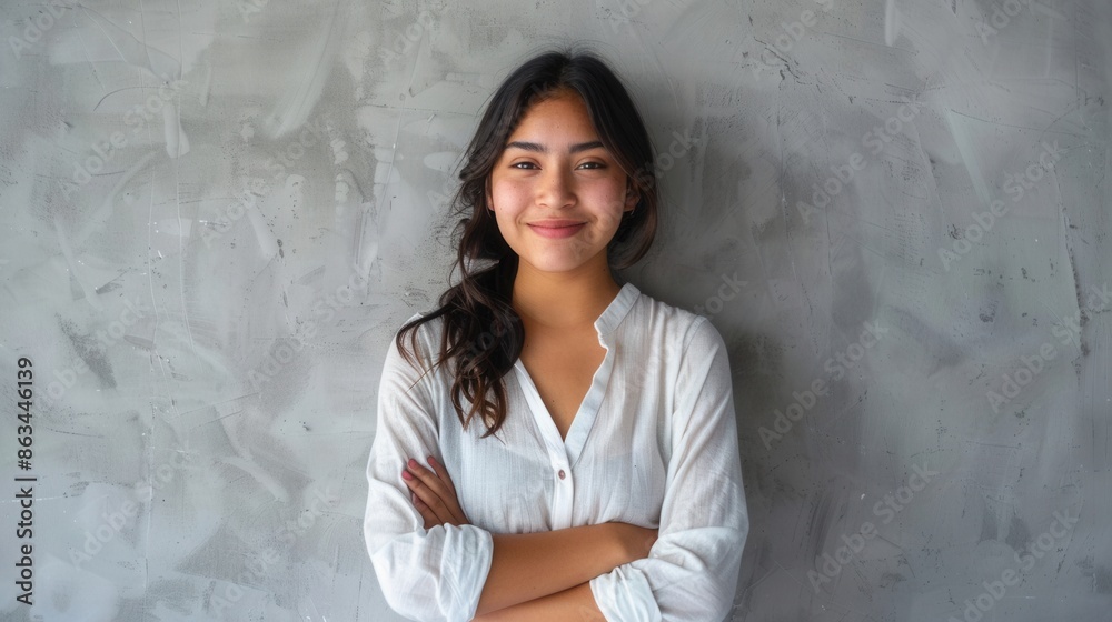 A young Hispanic woman with a pleasant smile and crossed arms stands against a grey wall with copy space. She looks directly at the camera. Generative AI A young Hispanic woman with a pleasant smile and crossed arms stands against a grey wall with copy space. She looks directly at the camera. Generative AI