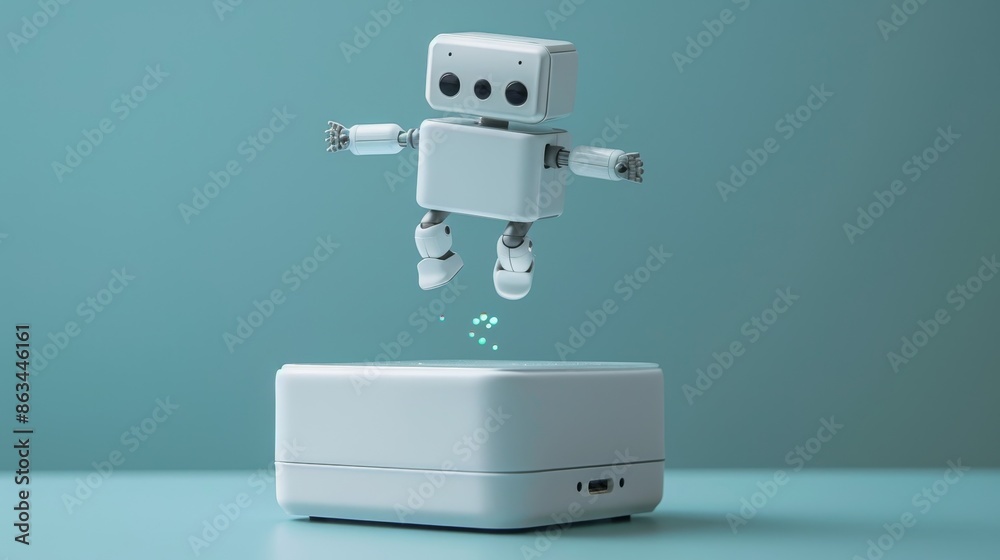 Editorial image of a white electronic device with a mini robot emerging, featuring innovative design and whimsical technology. Editorial image of a white electronic device with a mini robot emerging, featuring innovative design and whimsical technology.