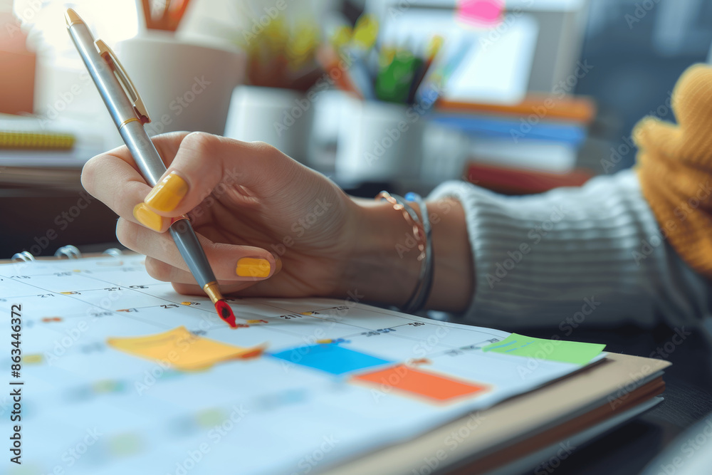 Businesswoman planning and scheduling event on calendar with sticky note and mobile phone Businesswoman planning and scheduling event on calendar with sticky note and mobile phone