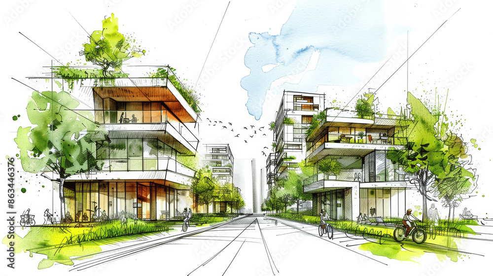 Naklejka premium Eco-Friendly Urban Planning with Sustainable Architecture and Green Public Spaces