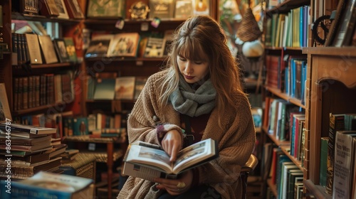 A woman reading a book in a quaint bookshop