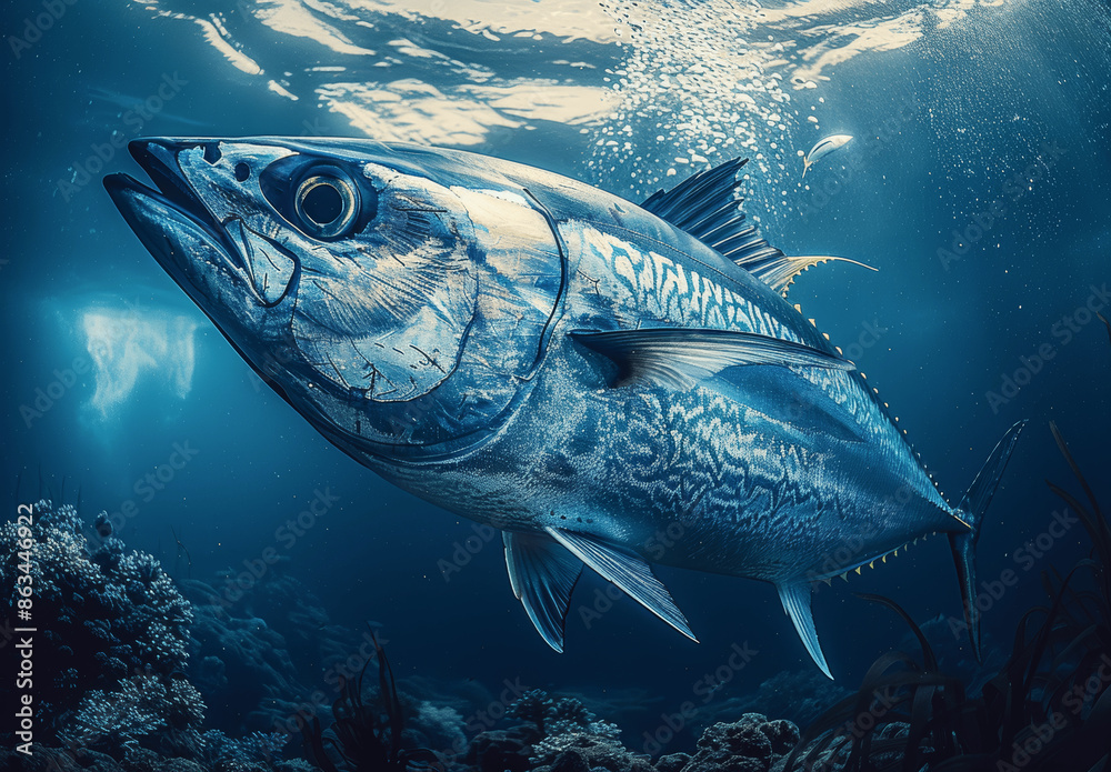 Fototapeta premium Photorealistic blue fin tuna swimming underwater in the deep clear ocean with professional color grading