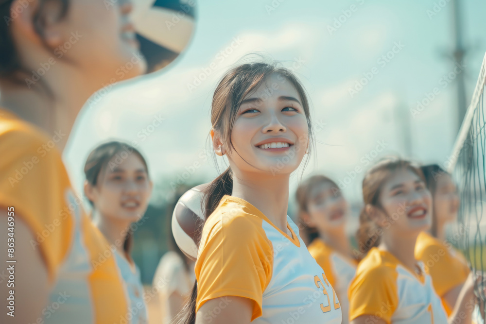 Thai high school female volleyball athletes gather for practice and training sessions on the indoor sports court, honing their skills and teamwork in preparation for upcoming matches. Thai high school female volleyball athletes gather for practice and training sessions on the indoor sports court, honing their skills and teamwork in preparation for upcoming matches.
