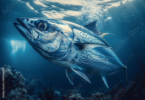 Photorealistic blue fin tuna swimming underwater in the deep clear ocean with professional color grading photo