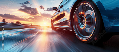 blue car driving fast on highway in motion under sunset sky, luxury sport vehicle with motion blur, side wheels view, high-speed transportation banner