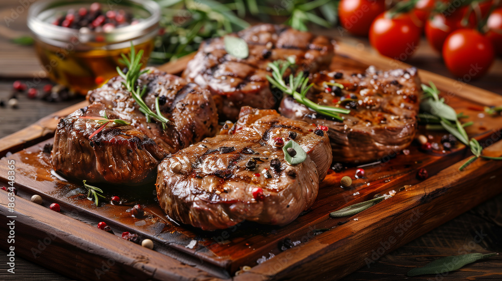 grilled meat with spices and herbs on wooden board grilled meat with spices and herbs on wooden board