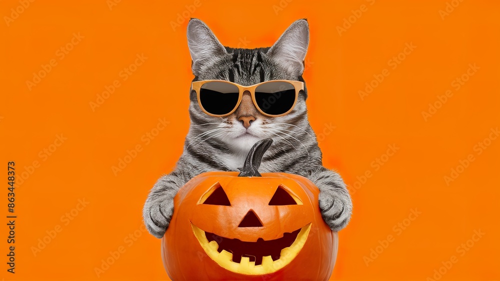 A cute cat wearing sunglasses next to a pumpkin, isolated against an orange background A cute cat wearing sunglasses next to a pumpkin, isolated against an orange background