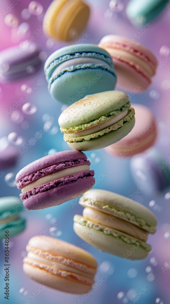 Colorful macaroons floating in the air with pastel purple, green, blue, cream, and yellow tones. Colorful macaroons floating in the air with pastel purple, green, blue, cream, and yellow tones.