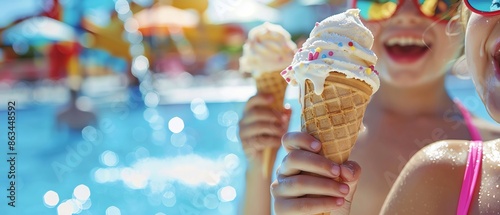 Kids eating ice cream at a water park, enjoying a classic summer treat