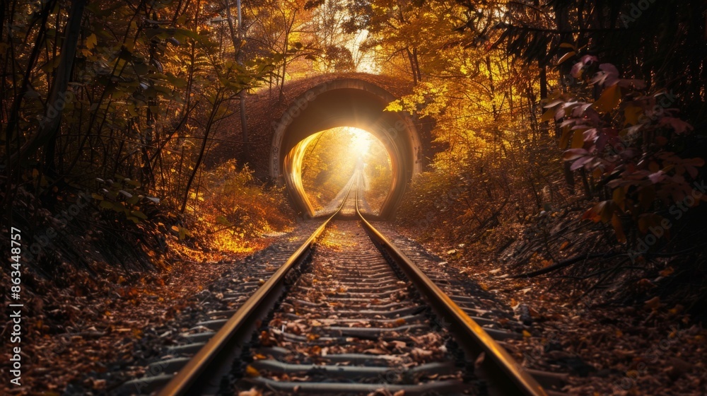 Naklejka premium Railway Tracks through Autumn Tunnel, Generative AI