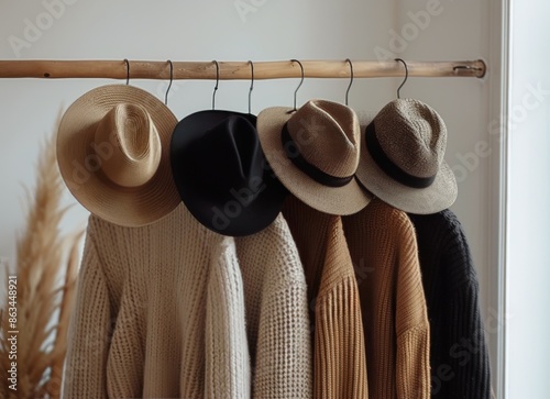 Three Knit Sweaters and a Straw Hat Hanging on a Wooden Closet Rod