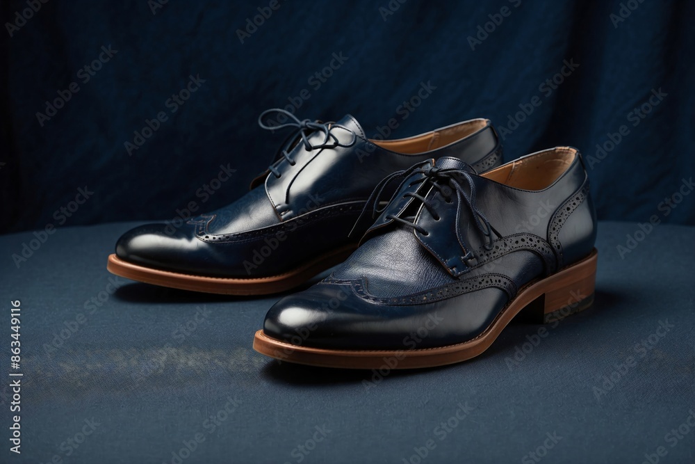 Derby Shoes: A pair of black Derby shoes on a textured navy blue fabric background. Derby Shoes: A pair of black Derby shoes on a textured navy blue fabric background.