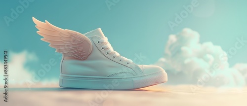 White sneaker with wings on a cloud background.