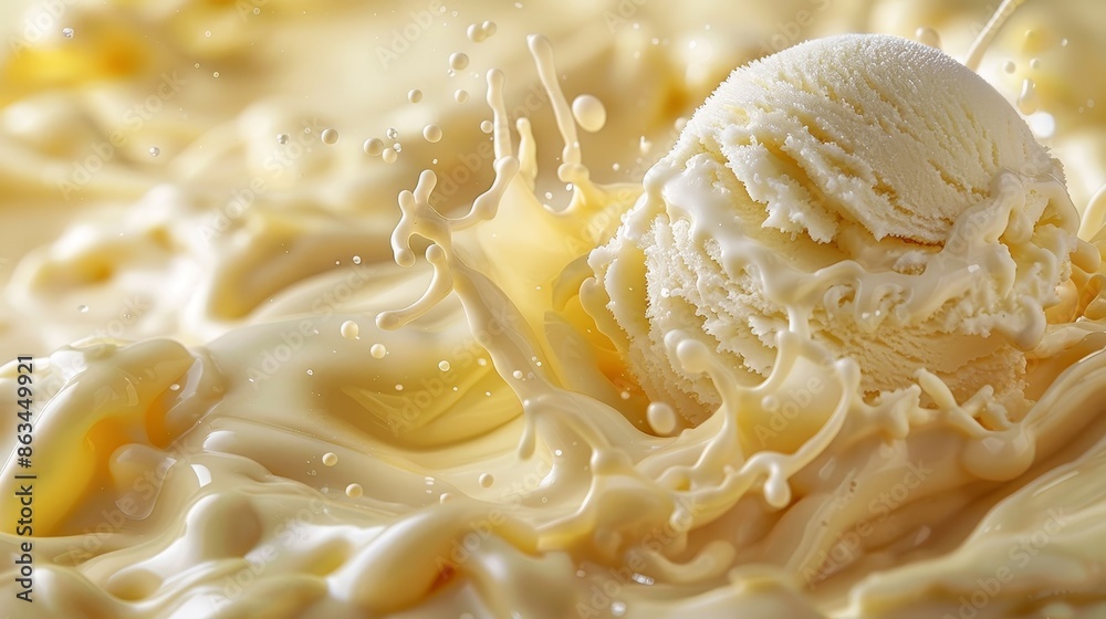 Vanilla ice cream ball splashing in vanilla, isolated on white background. Vanilla ice cream ball splashing in vanilla, isolated on white background.