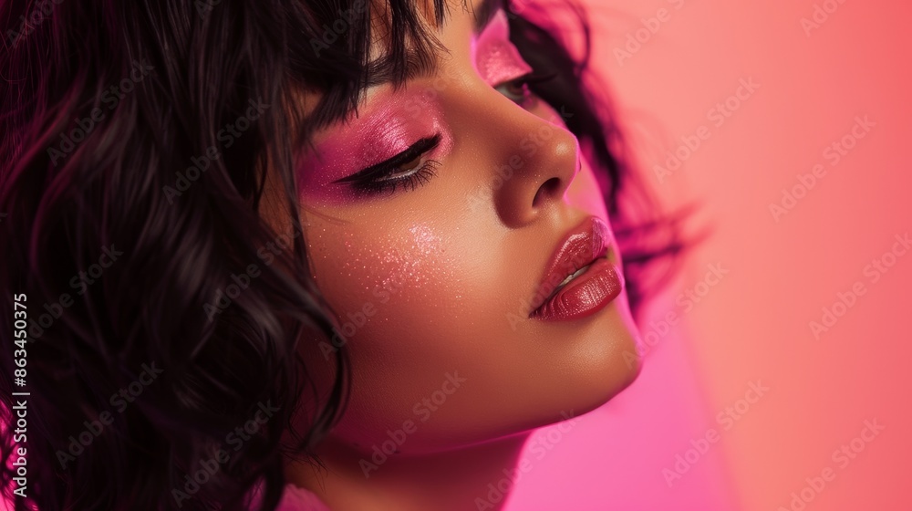 Close-up of young woman with pink makeup on pink backdrop Close-up of young woman with pink makeup on pink backdrop