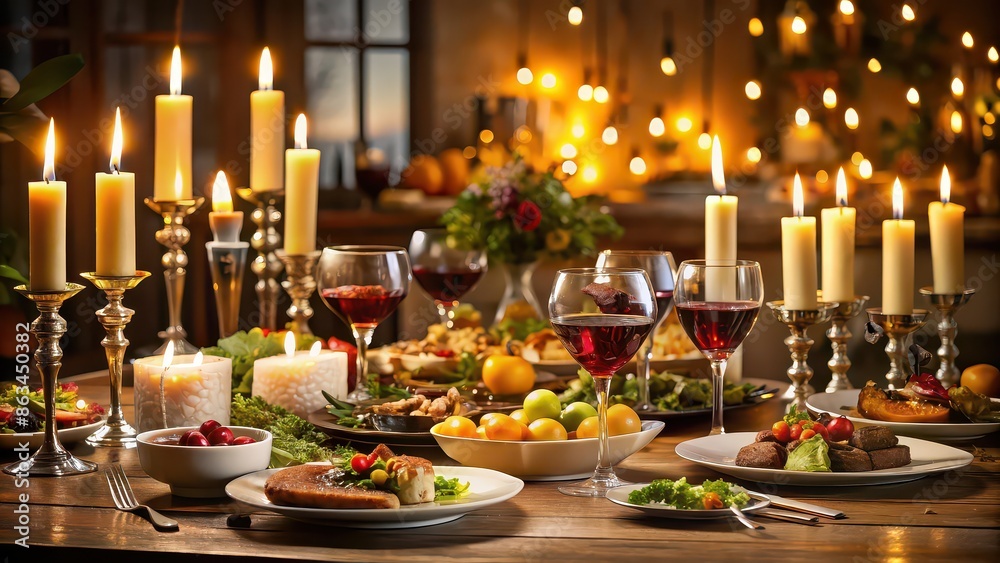 An elegant dinner setting with a variety of abundant table food, candlelight, and wine glasses , dinner, night An elegant dinner setting with a variety of abundant table food, candlelight, and wine glasses , dinner, night