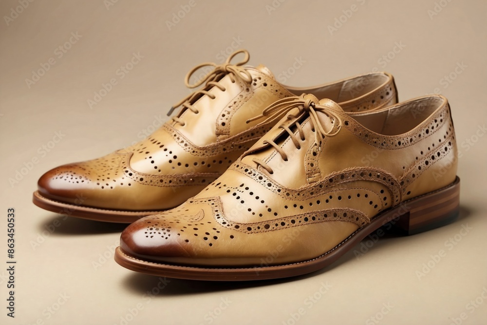 Brogues Shoes: Classic tan brogues on a light beige background.