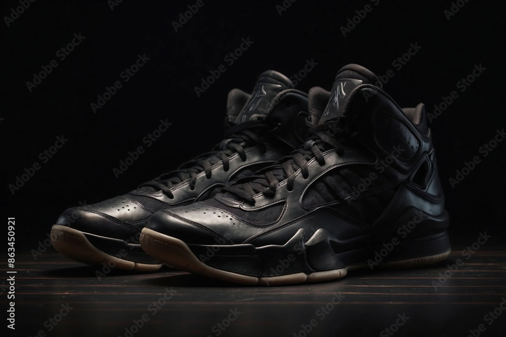 Basketball Shoes: Black basketball shoes on a matte black background. Basketball Shoes: Black basketball shoes on a matte black background.