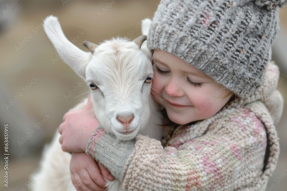 Small child hugging a baby goat against a natural background. Small child hugging a baby goat against a natural background.