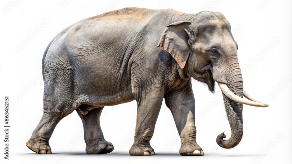 Obraz premium Majestic large grey asian elephant in side profile walking slowly on a pure white isolated background with ears flapping and trunk curled downwards.