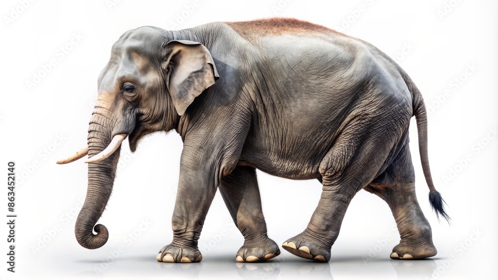 Obraz premium Majestic large grey asian elephant in side profile walking slowly on a pure white isolated background with ears flapping and trunk curled downwards.