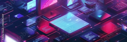 Close-up abstract image of vibrant digital screen with video streaming content. Glowing lines and digital interfaces in background for futuristic feel. Generative AI