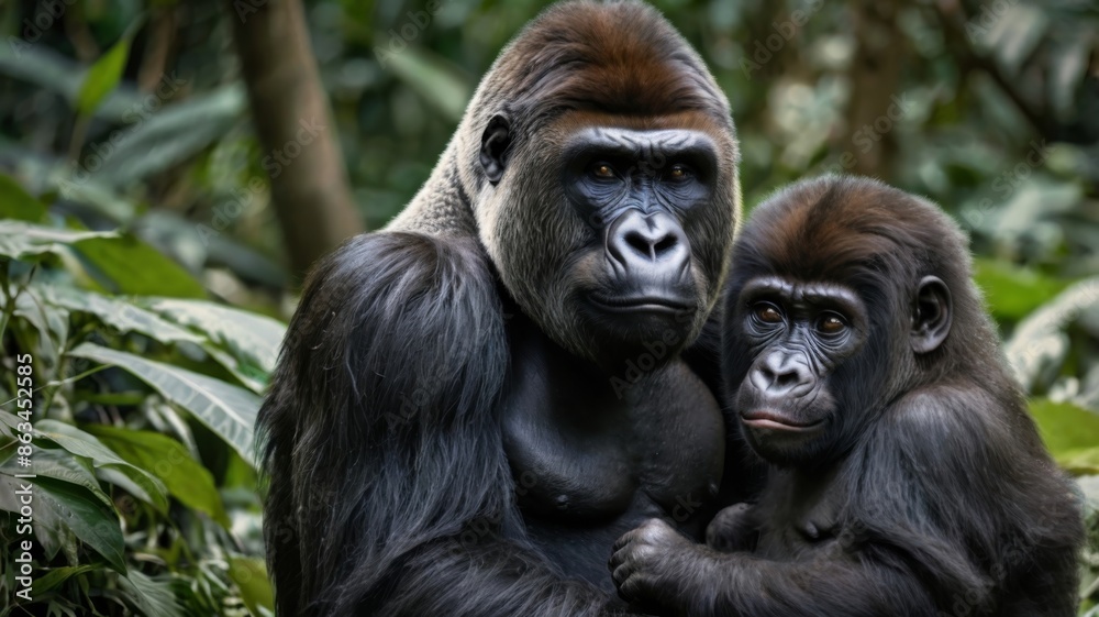 a heartwarming image of a gorilla family, focusing on the adult gorilla carrying its juvenile on its back a heartwarming image of a gorilla family, focusing on the adult gorilla carrying its juvenile on its back