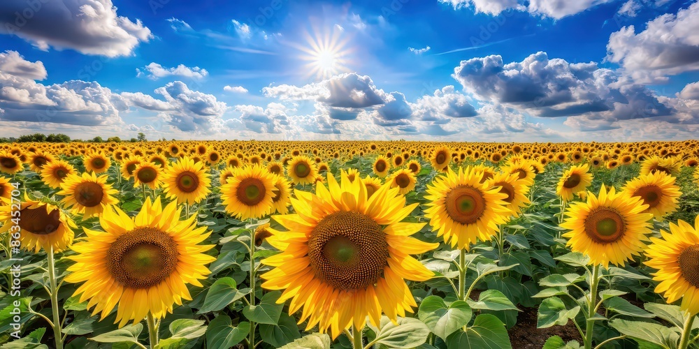 Obraz premium Vibrant sunflowers in a vast field under a sunny sky, nature, sunflower, yellow, bloom, petals, field, farm, agriculture