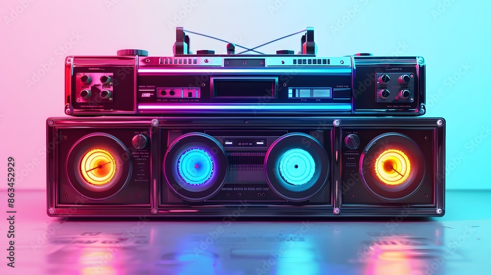 Fototapeta premium Neon colors with iconic 80s symbols like cassette tapes and boomboxes., isolated white background, Retro 80s synthwave, Photo stock style, clean background, no copyrighted logo, no letters