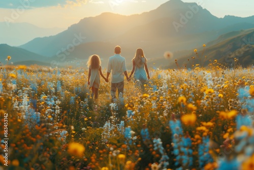 Family Walking Through a Field of Wildflowers at Sunset