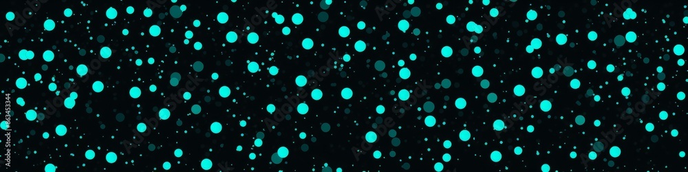 Abstract background with a retro grunge style, featuring vibrant turquoise polka dots scattered across a black backdrop, banner Abstract background with a retro grunge style, featuring vibrant turquoise polka dots scattered across a black backdrop, banner
