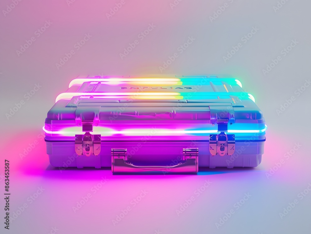 A Trapper Keeper decorated with a vibrant LED light sign, filled with 80s memories., isolated white background, Retro 80s synthwave, Photo stock style, clean background, no copyrighted logo, no A Trapper Keeper decorated with a vibrant LED light sign, filled with 80s memories., isolated white background, Retro 80s synthwave, Photo stock style, clean background, no copyrighted logo, no