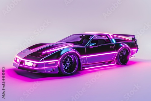 Synthwave-inspired car with neon lights and an LED light sign., isolated white background, Retro 80s synthwave, Photo stock style, clean background, no copyrighted logo, no letters