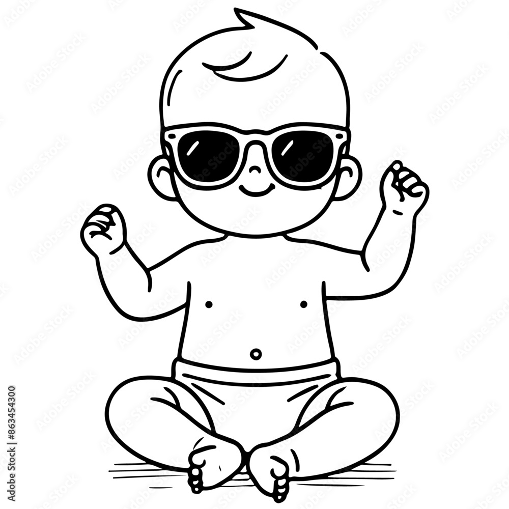 Minimalist Line Art of Baby with Sunglasses and Raised Arms Minimalist Line Art of Baby with Sunglasses and Raised Arms