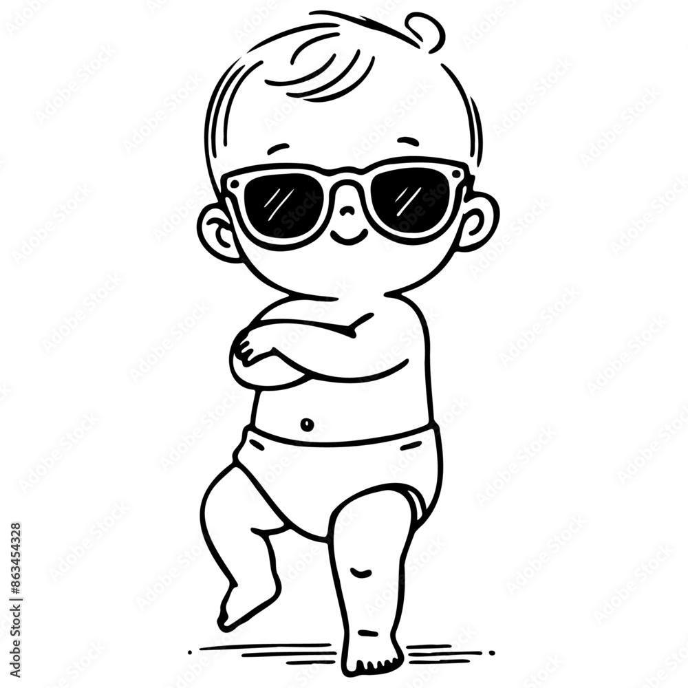 Obraz premium Minimalist Line Art of Baby with Sunglasses and Crossed Arms