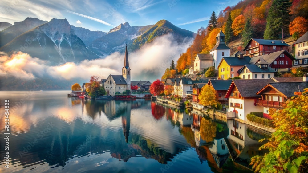 Fototapeta premium Serene misty autumn morning scene of hallstatt village in austria's salzkammergut region, featuring tranquil lake waters, vibrant foliage, and majestic mountain backdrop.