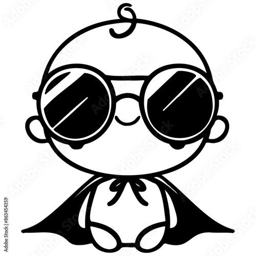 Minimalist Line Art of Baby with Sunglasses and Superhero Cape