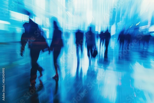abstract motion blur of business people walking in corporate office downtown blurred background blue color tone business center concept digital art
