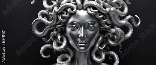 silver medusa head statue on plain black background banner with copy space