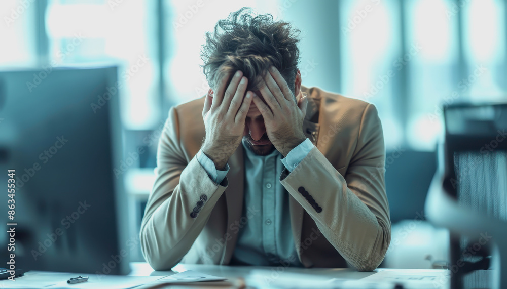 Stressed businessman in beige suit covering face at desk in bright, modern office. Stressed businessman in beige suit covering face at desk in bright, modern office.