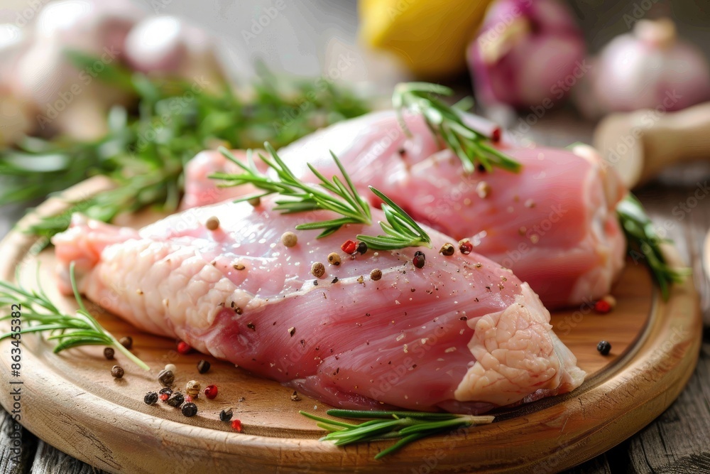 Two pieces of meat with herbs and spices on a wooden cutting board. The herbs include parsley and rosemary Two pieces of meat with herbs and spices on a wooden cutting board. The herbs include parsley and rosemary