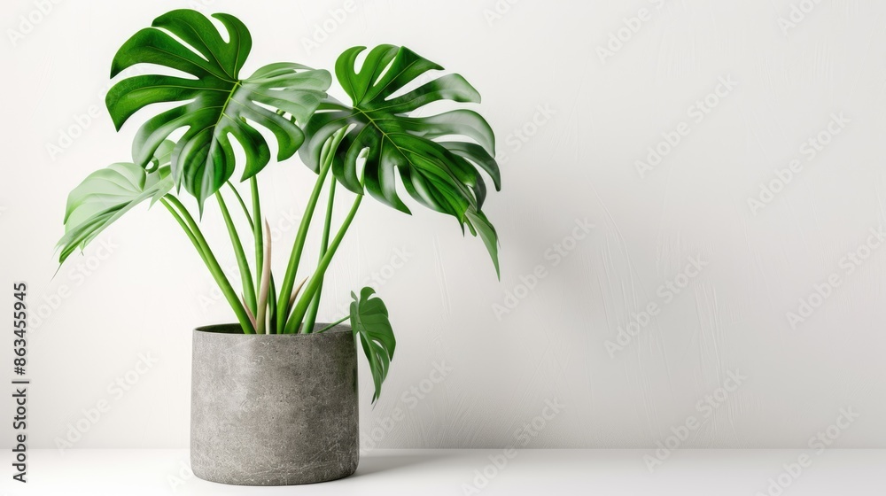 Clean image of a large leaf house plant Monstera deliciosa in a gray pot on a white background Clean image of a large leaf house plant Monstera deliciosa in a gray pot on a white background