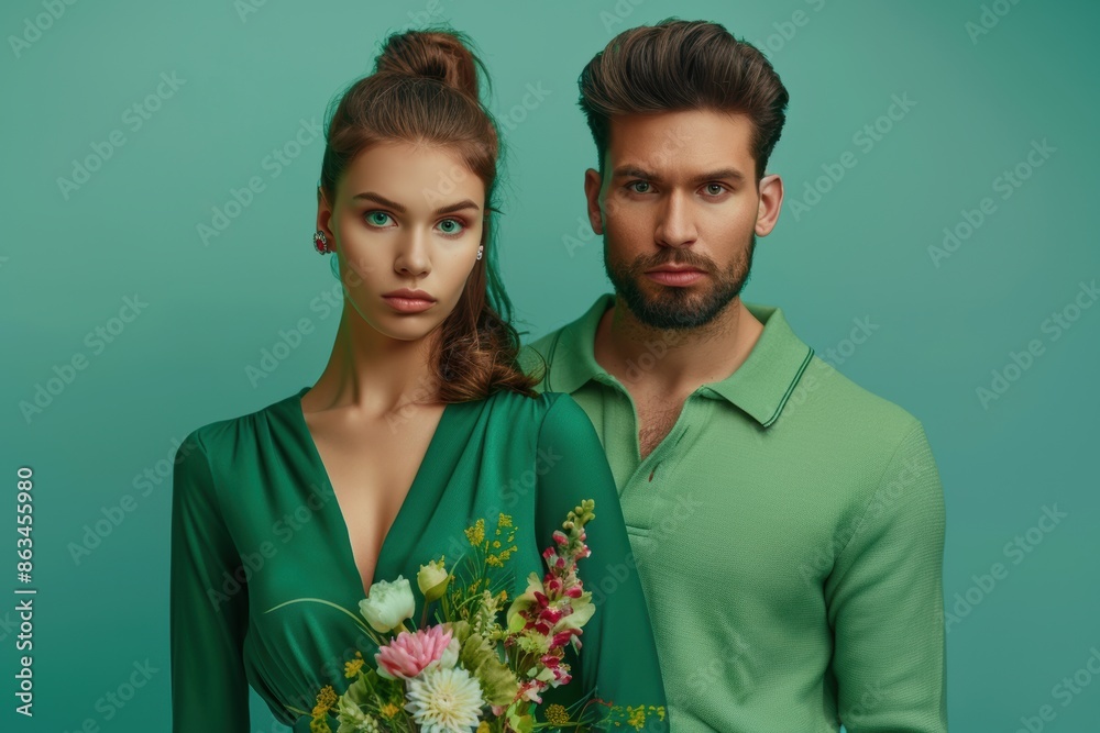 A lovely Caucasian girl, adorned in a green top and clutching flowers, stands beside a handsome man on the background sets a tranquil ambiance with its light blue-green tint. A lovely Caucasian girl, adorned in a green top and clutching flowers, stands beside a handsome man on the background sets a tranquil ambiance with its light blue-green tint.