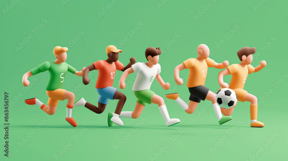3D illustration cartoon soccer players are running across a green field. Each player is wearing a different colored jersey. 3D illustration cartoon soccer players are running across a green field. Each player is wearing a different colored jersey.