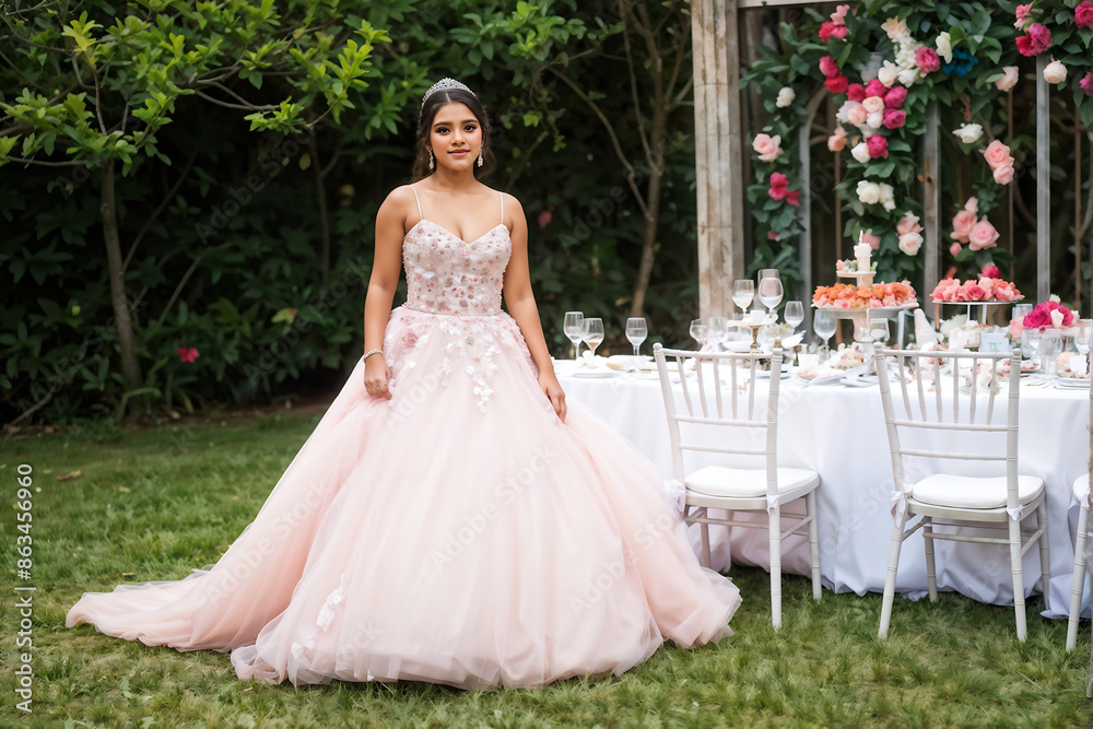 a young woman in her quinceanera dress outdoors by the venue tables a young woman in her quinceanera dress outdoors by the venue tables