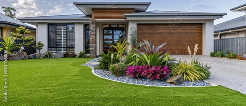 A contemporary Australian home or residential buildings front yard features artificial grass lawn turf with timber edging, and a big flowers garden