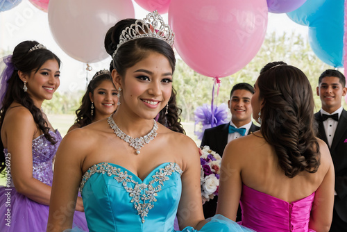 group of young latina teens celebrating their quinceaneras  photo