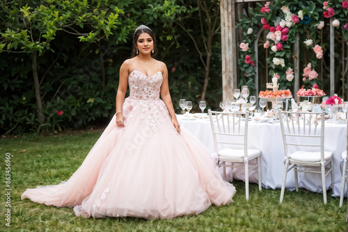 a young woman in her quinceanera dress outdoors by the venue tables