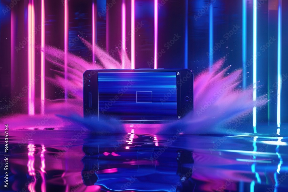 A tablet displaying a video stream is submerged in water, surrounded by vibrant neon lights reflecting on the surface. Generative AI A tablet displaying a video stream is submerged in water, surrounded by vibrant neon lights reflecting on the surface. Generative AI